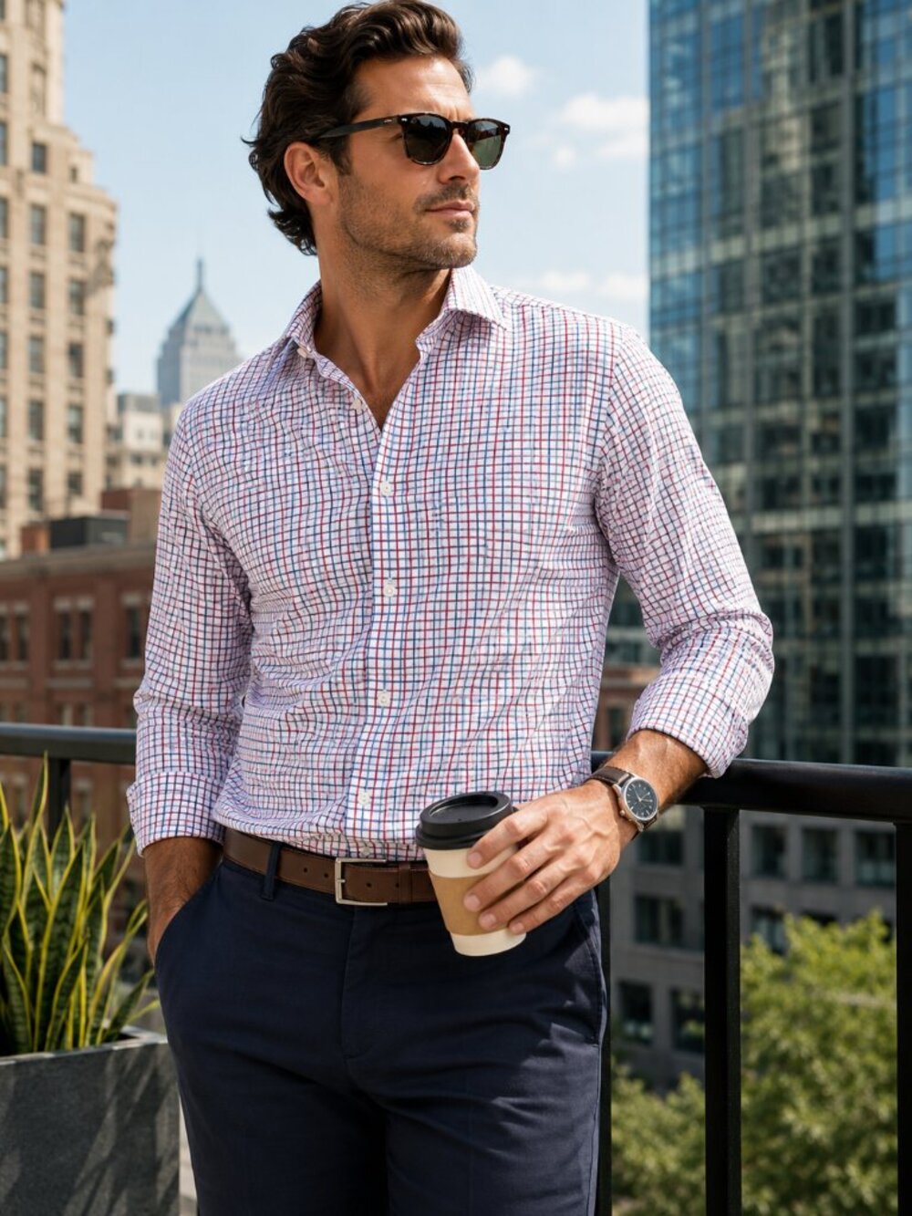 Mizzen+Main Leeward Performance Dress Shirt XXL Stretch No Iron Red Blue Check